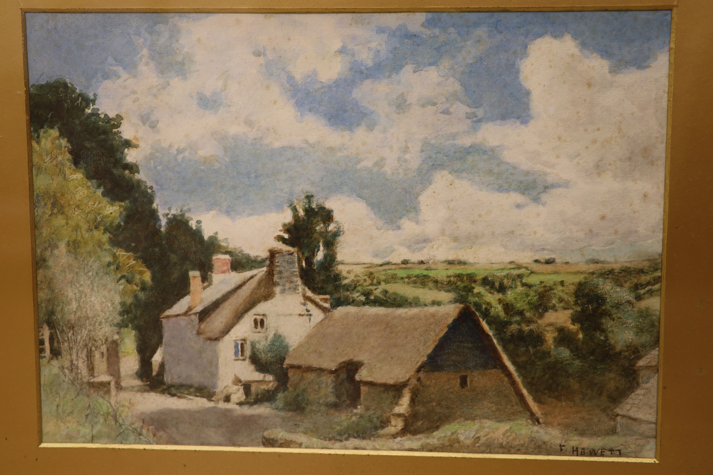 Douglas Houzen Pinder (1886-1949), watercolour, ‘Swallow Falls, N.Wales’, signed, 46 x 29cm. And an F.Hewett watercolour of a farmhouse, 24 x 33cm.